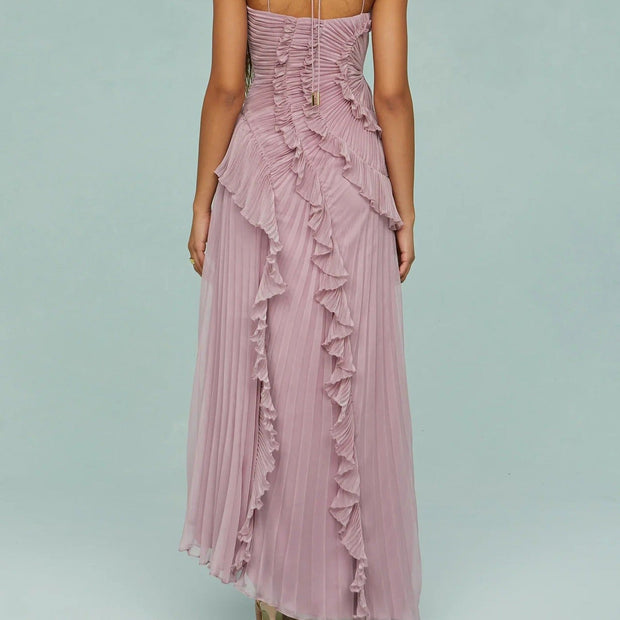 Elegantes asymmetrisches plissiertes langes Chiffonkleid - Violett
