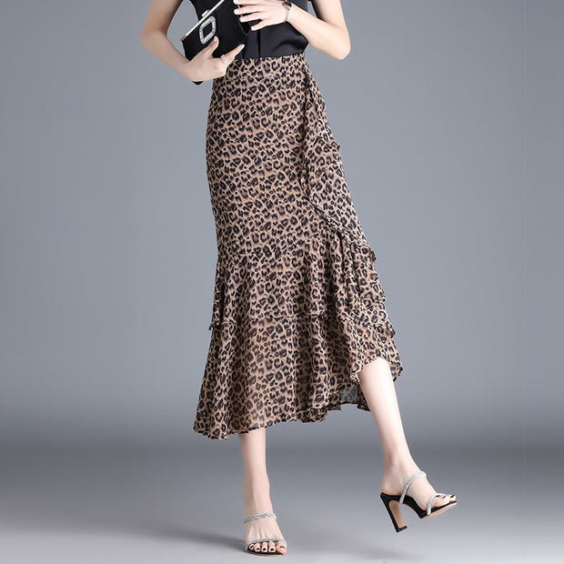 Damen-Midirock aus Chiffon mit Tiermotiv und Rüschen - Renata