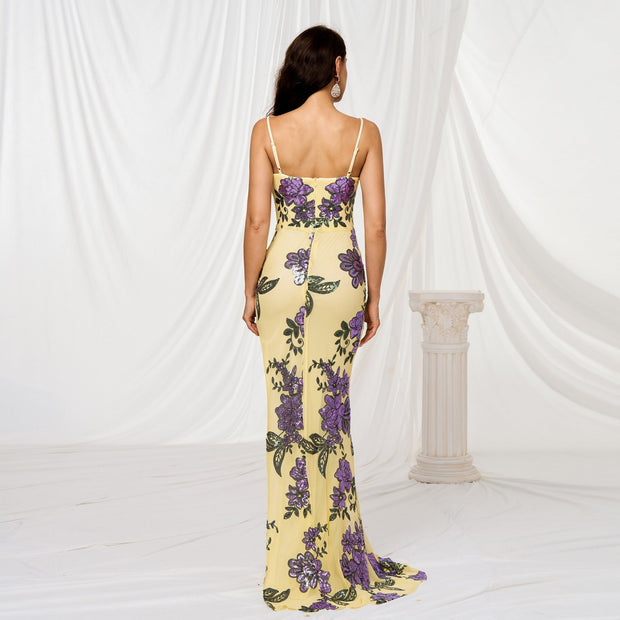 Langes Damenkleid mit Pailletten, Blumendruck, schmale Passform - Fabiana