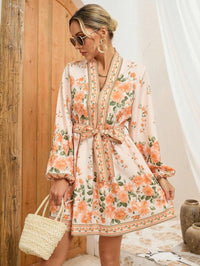 Bohemian floral kurzes Frauenkleid mit Gürtel - Elvire