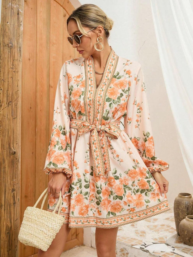 Bohemian floral kurzes Frauenkleid mit Gürtel - Elvire