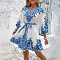 Kurzes Damenkleid aus Satin mit böhmischem Print im Tunika-Stil - Nadine