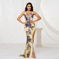 Langes Damenkleid mit Pailletten, Blumendruck, schmale Passform - Fabiana