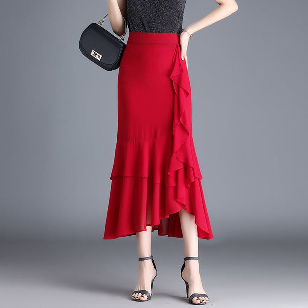 Damen-Midirock aus Chiffon mit Tiermotiv und Rüschen - Renata