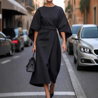 Damen Kleid Fledermausärmel lang elegant gegürtet - Nekta