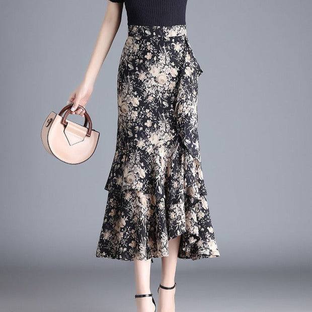 Damen-Midirock aus Chiffon mit Tiermotiv und Rüschen - Renata