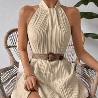 Damen Kleid mit plissiertem Halsausschnitt und Gürtel - Eléa