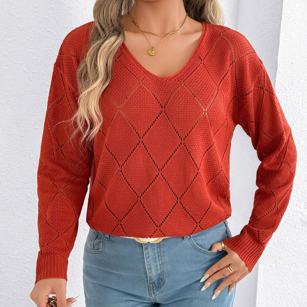 Durchbrochener Damen-Pullover mit V-Ausschnitt und Rautenmuster - Anette