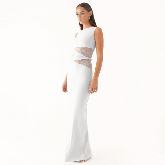 Ärmelloses langes Kleid mit transparenter Spitze - Leontina