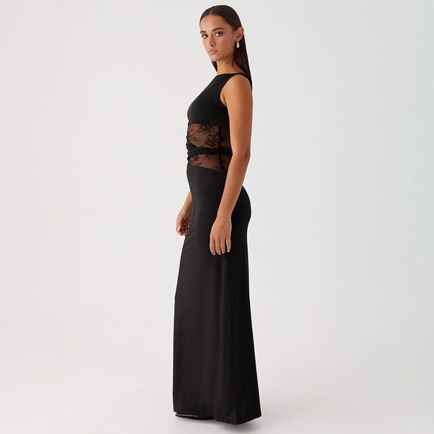Ärmelloses langes Kleid mit transparenter Spitze - Leontina
