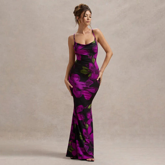 Langes, tailliertes Damenkleid mit floralem Muster und Trägern - Delia