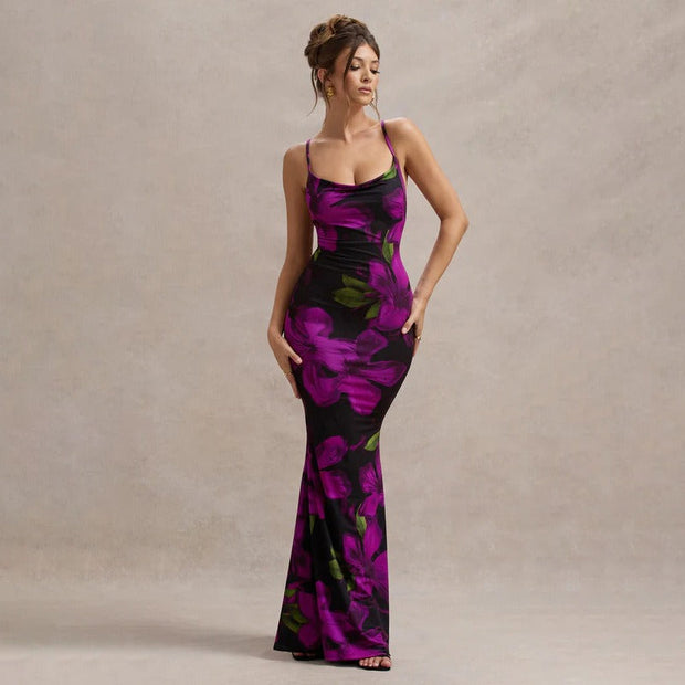 Langes, tailliertes Damenkleid mit floralem Muster und Trägern - Delia