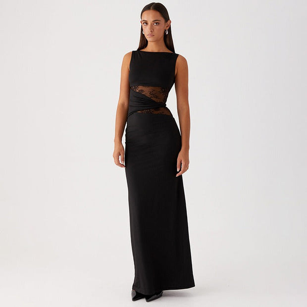 Ärmelloses langes Kleid mit transparenter Spitze - Leontina
