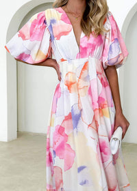 Kara - Elegantes Maxikleid mit Puffärmeln und Blumenmuster in A-Linie