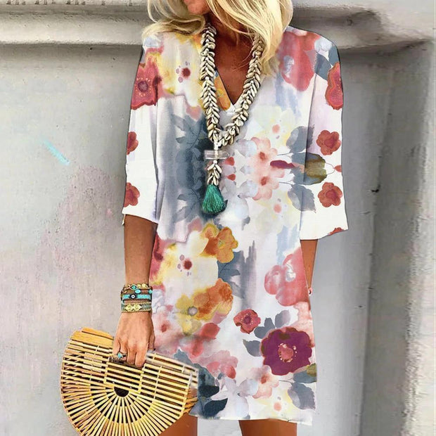 Renesme - Aquarellfarbenes Kleid mit kleinem Blumendruck in der Mitte der Ärmel