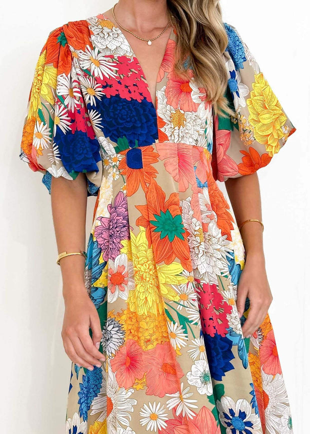 Kara - Elegantes Maxikleid mit Puffärmeln und Blumenmuster in A-Linie