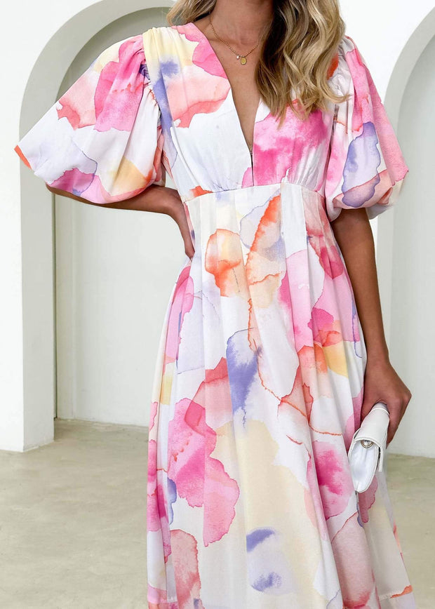 Kara - Elegantes Maxikleid mit Puffärmeln und Blumenmuster in A-Linie