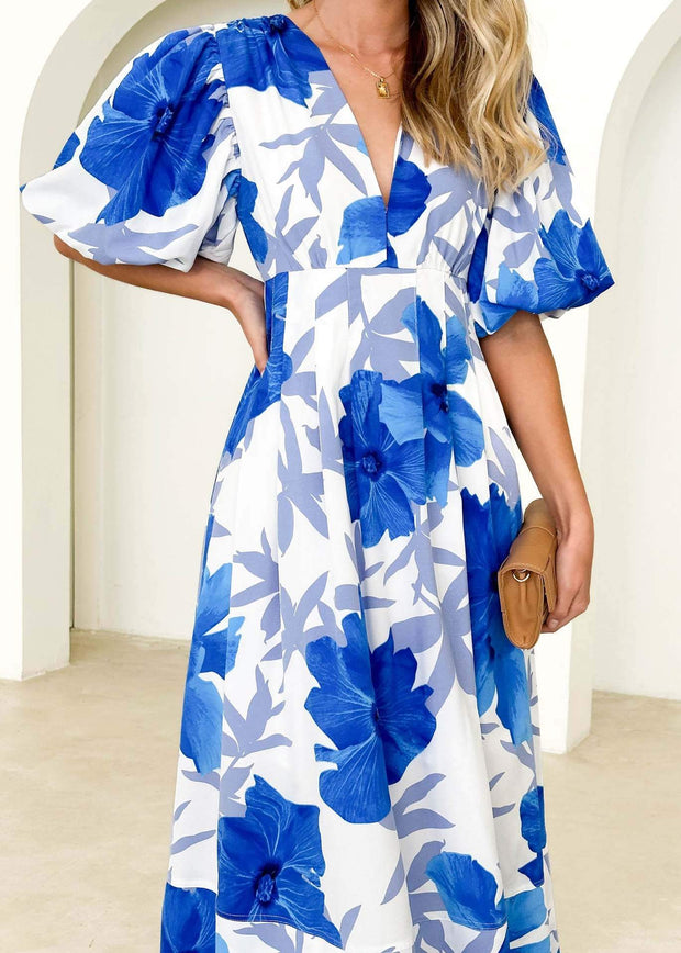 Kara - Elegantes Maxikleid mit Puffärmeln und Blumenmuster in A-Linie