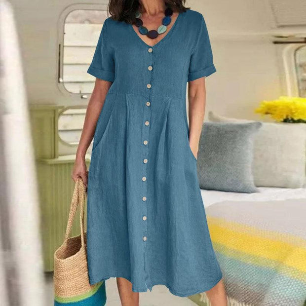 Shana - Unifarbenes Kleid mit hoher Taille aus Baumwolle und Leinen