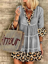 Leona - Mode Leopard Print Patchwork Baumwolle Leinen Kleid