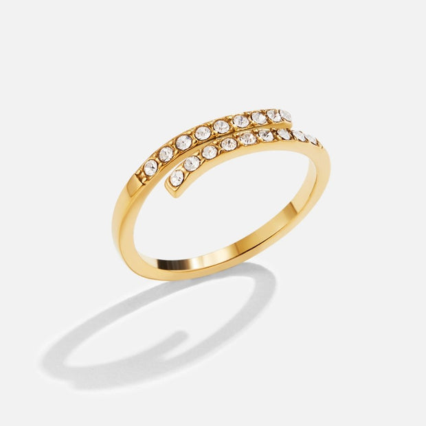 Damenring Mit Kristallen Aus Gold Elvira Offenes Design Mit Zwei Parallelen Linien Funkelnde Kristalle Für Den Alltag