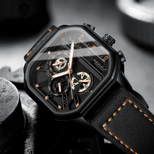 ChronoLux Armbanduhr Mit Echtem Lederarmband Quadratisches Zifferblatt Edelstahlgehäuse