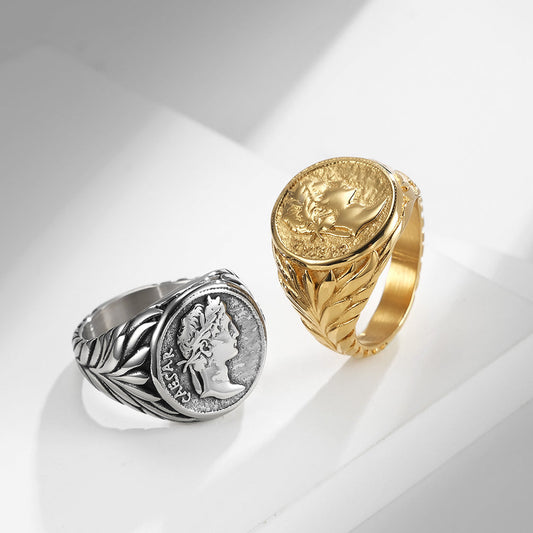 Vintage Ringe César Medaillon In Relief Inspiriert Von Römischen Münzen Mit Gold Und Silber Finish