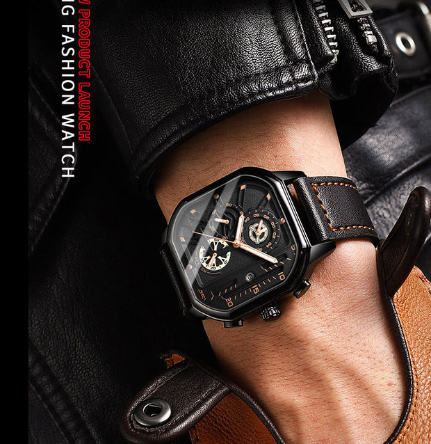 ChronoLux Armbanduhr Mit Echtem Lederarmband Quadratisches Zifferblatt Edelstahlgehäuse