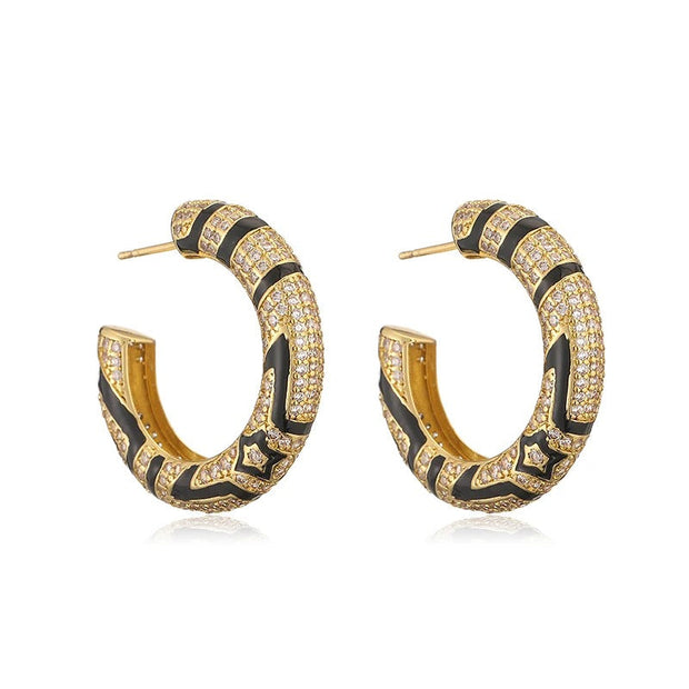 Ohrringe Kaia Sternstreifen Muster Mit Sternen Zirkonien Funkelnd Gold Schwarz Elegant Modern Schmuck