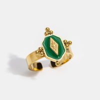 Vintage Damenring Amalia Goldbeschichteter Metallring mit Smaragdstein und Geometrischen Designelementen