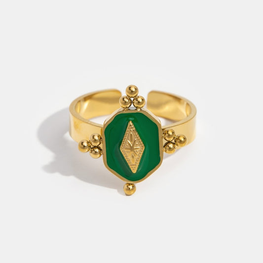 Vintage Damenring Amalia Goldbeschichteter Metallring mit Smaragdstein und Geometrischen Designelementen