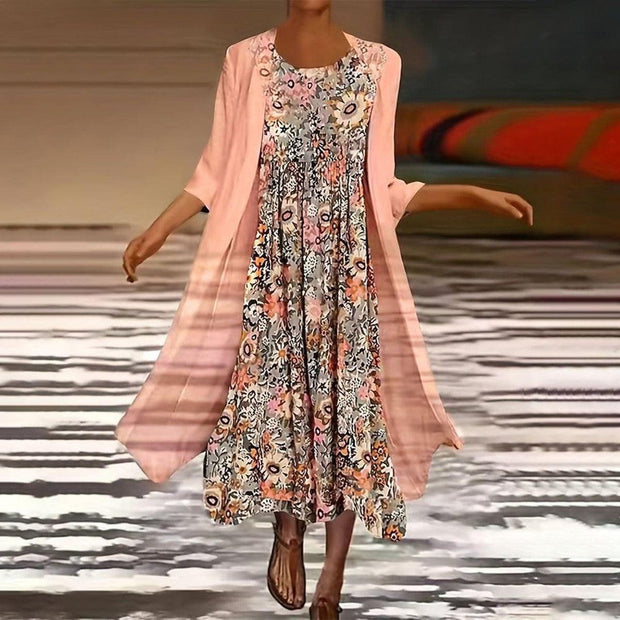 Rosafarbenes Midikleid mit Oberbekleidung