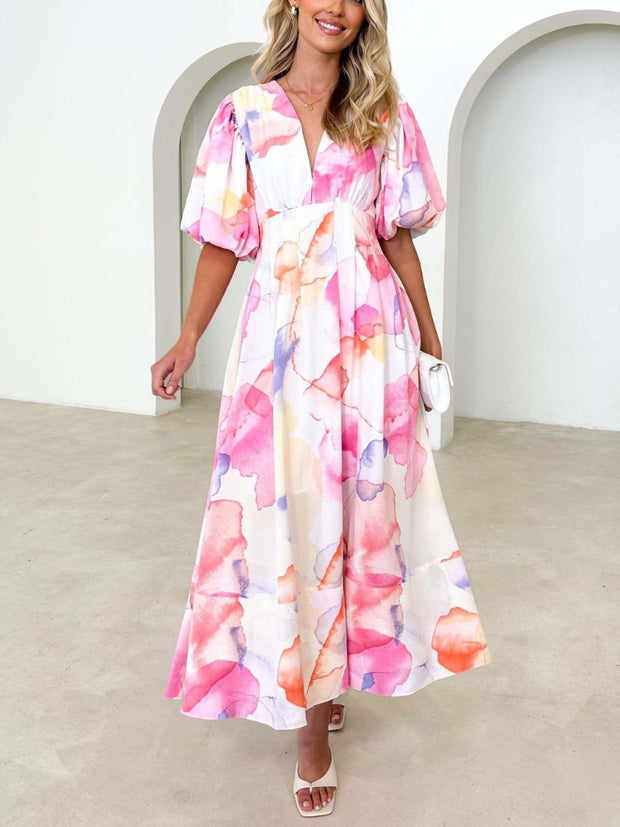 Kara - Elegantes Maxikleid mit Puffärmeln und Blumenmuster in A-Linie