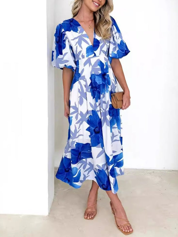 Kara - Elegantes Maxikleid mit Puffärmeln und Blumenmuster in A-Linie