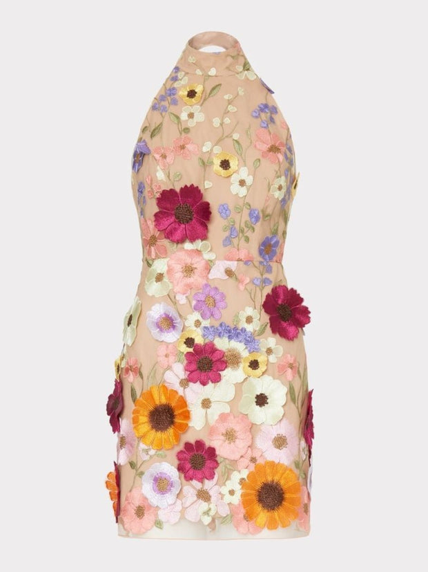 Kata - Dreidimensional besticktes Kleid mit Blumenausschnitt und schmaler Passform