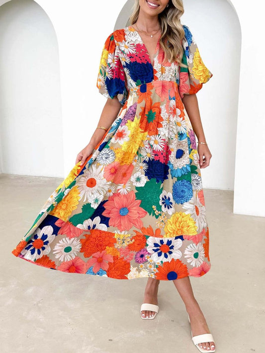 Kara - Elegantes Maxikleid mit Puffärmeln und Blumenmuster in A-Linie
