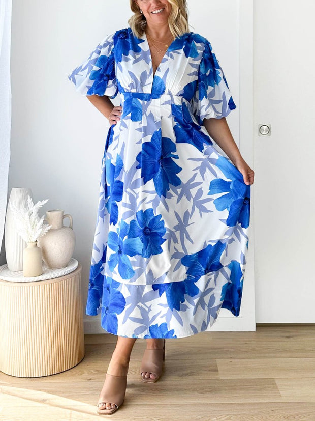 Kara - Elegantes Maxikleid mit Puffärmeln und Blumenmuster in A-Linie
