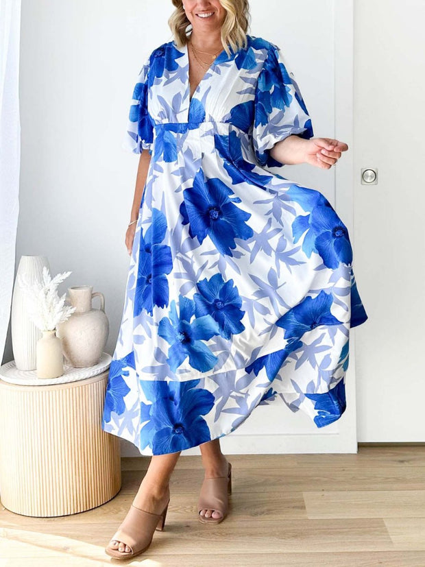 Kara - Elegantes Maxikleid mit Puffärmeln und Blumenmuster in A-Linie