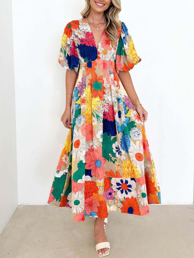 Kara - Elegantes Maxikleid mit Puffärmeln und Blumenmuster in A-Linie