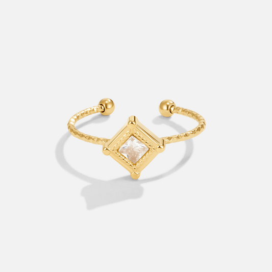 Isabel Damenring Mit Offenem Design Diamantförmiger Stein Goldfarbene Basis Texturiertes Finish Verstellbares Dünnes Band