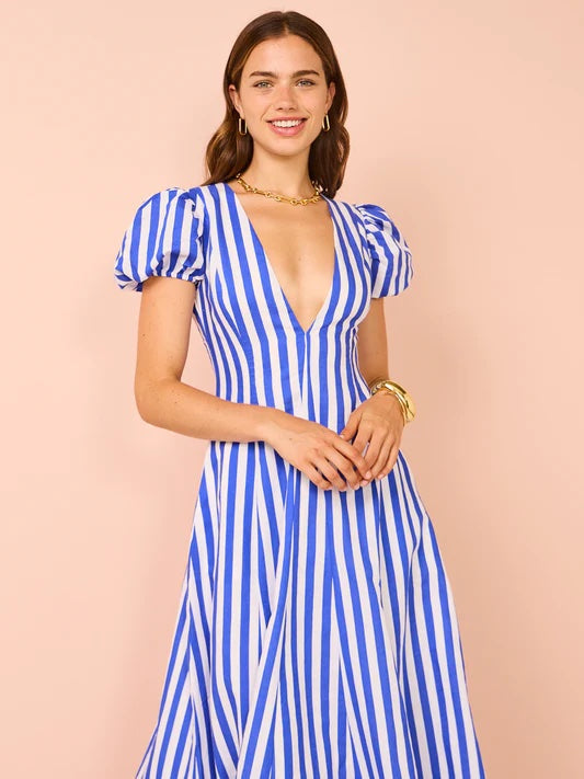 Anne - Modisches Damenkleid mit Puffärmeln und Streifen