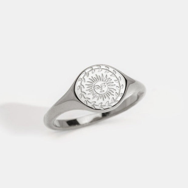 Damensilberring Micaela Sommersonnenwende Gravur Blattwerk Design Poliert Elegante Symbolkraft
