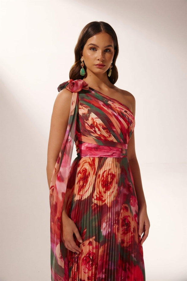Valerie - Langes, plissiertes Kleid mit einer Schulter