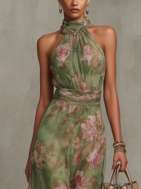 Langes Kleid mit Blumenmuster, Halter-Ausschnitt und drapierter Taille – Sophie
