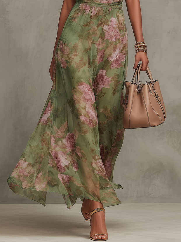 Langes Kleid mit Blumenmuster, Halter-Ausschnitt und drapierter Taille – Sophie