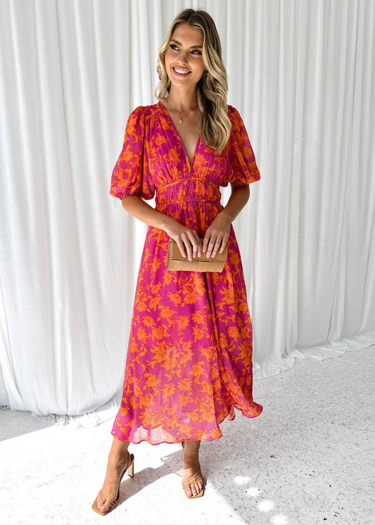 Midi-Kleid für Damen mit Blumenmuster und Puffärmeln – Katy