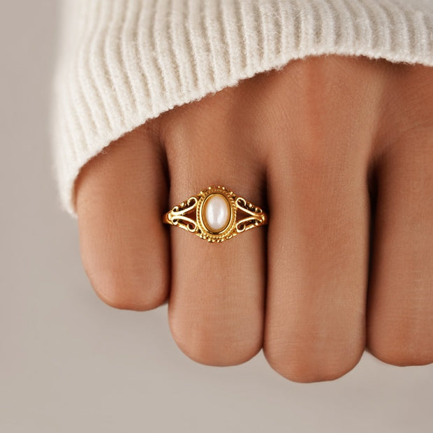 Ring Für Damen Im Vintage-Stil Palmira Mit Natürlicher Perle Und Ornamenten Im Goldton
