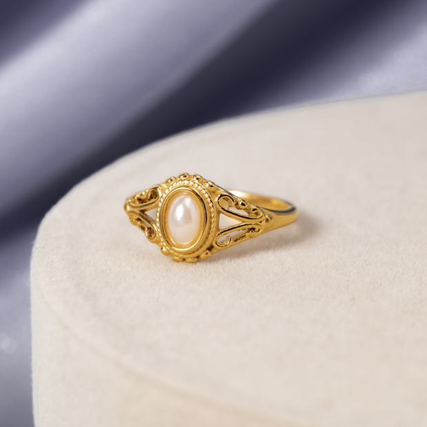 Ring Für Damen Im Vintage-Stil Palmira Mit Natürlicher Perle Und Ornamenten Im Goldton