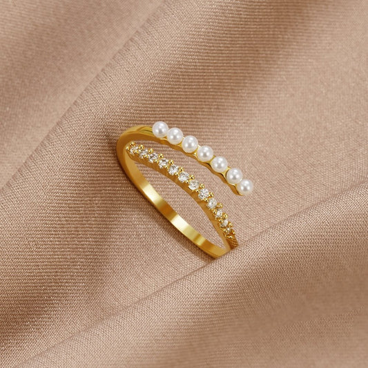 Ring Für Damen Mit Perle Salomé Modernes Schmuckstück Mit Zwei Linien Aus Perlen Und Kristalle Goldfinish