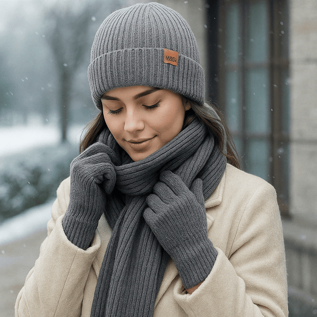 Mütze, Schal und Handschuhe für Frauen mit Strickeffekt - Nevrine